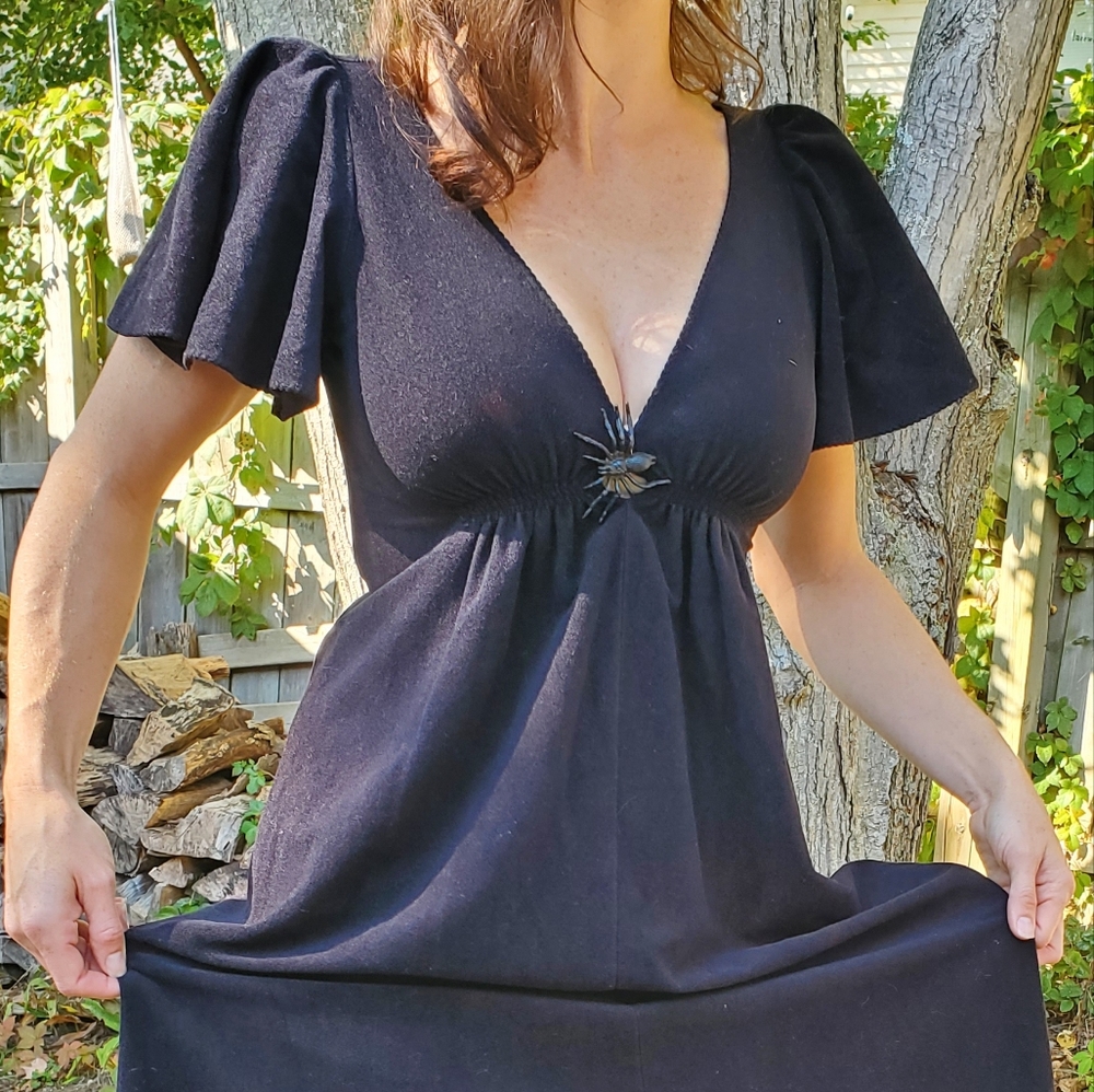 Vintage 70's black "velvet" dress sz small/med. Witch Costume, Renaissance - Picture 3 of 6